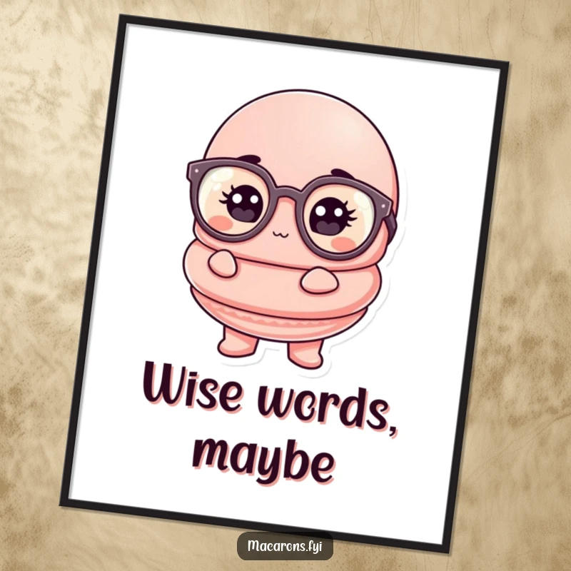 Funny macaron poster depicting a macaron character with oversized glasses in a comically thoughtful pose.