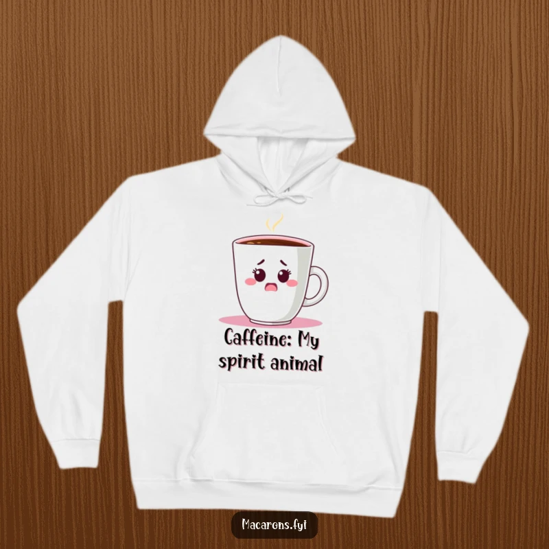 Funny Hoodie: A wide-eyed, shocked macaron character is partially hidden behind a massive coffee cup holder, looking startled.