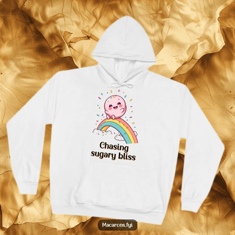 Funny macaron hoodie showcasing a macaron character gleefully sliding down a rainbow into a fluffy sprinkle cloud.
