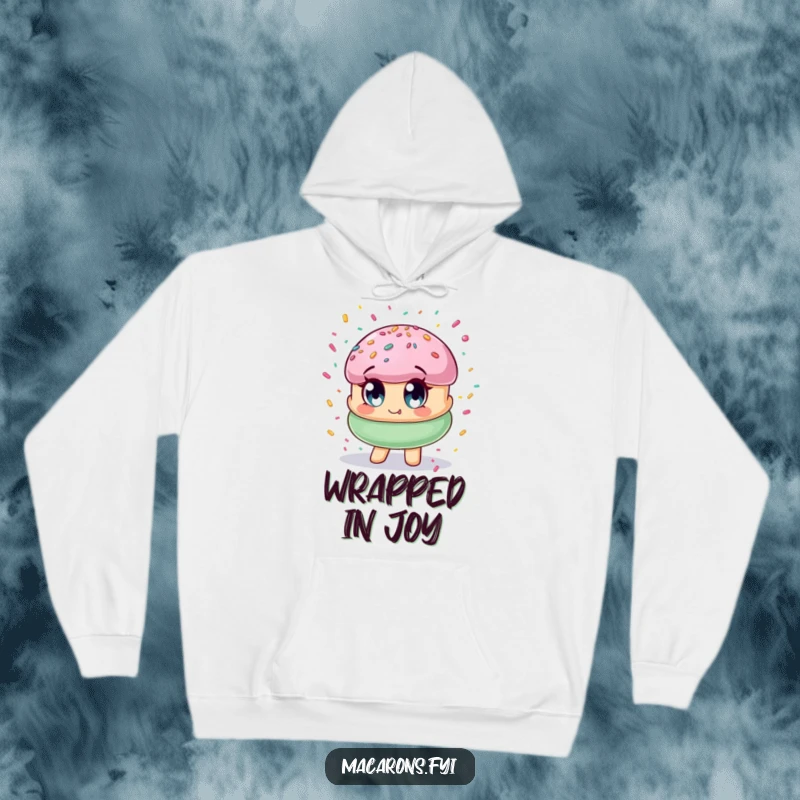 Soft hoodie featuring a funny macaron character with wide eyes amidst a delightful explosion of colorful confetti.