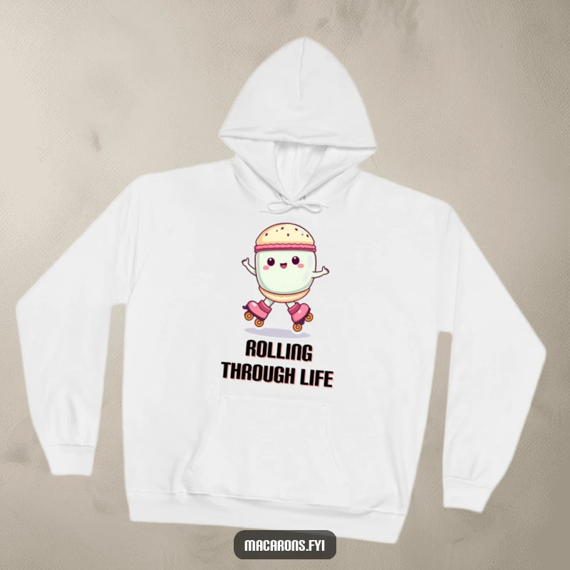 Funny macaron character on roller skates, spinning joyfully, cozy hoodie design, lovely funny gift.