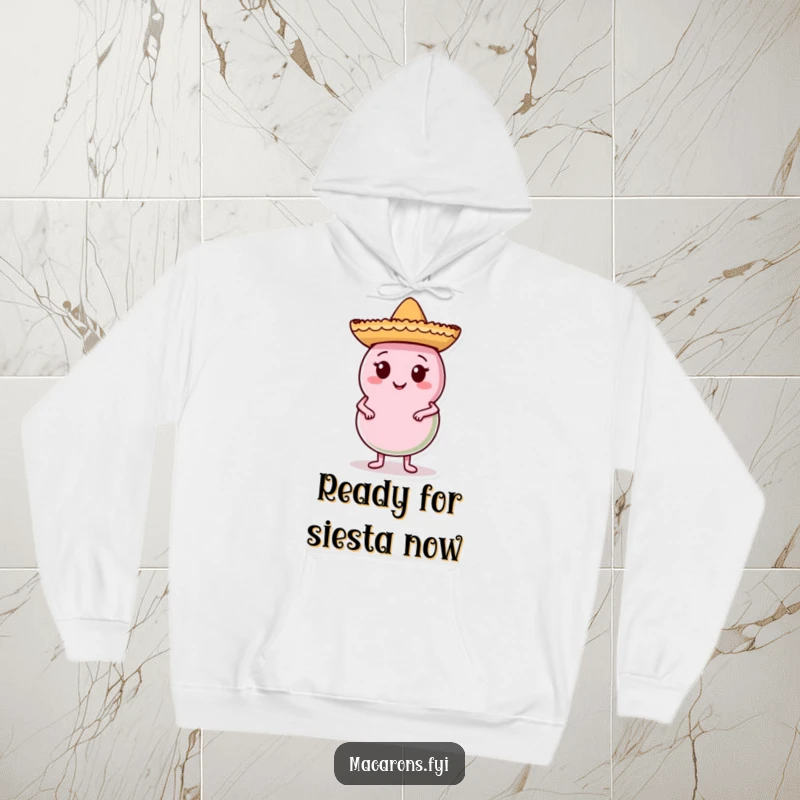 Funny Macaron Hoodie showcasing a macaron character with a tiny sombrero, exuding confidence, perfect for staying warm and humorous during colder days.