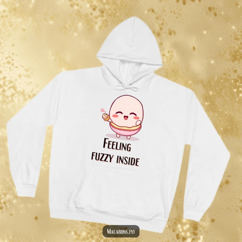 Funny macaron character giggling while being tickled by a tiny frosting swirl, cozy hoodie design, lovely funny gift.