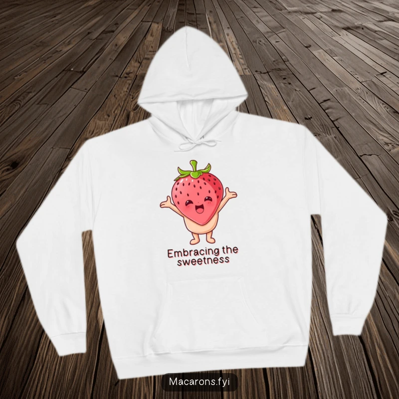 Funny macaron character embracing a giant strawberry on a soft hoodie, conveying warmth and playful affection.