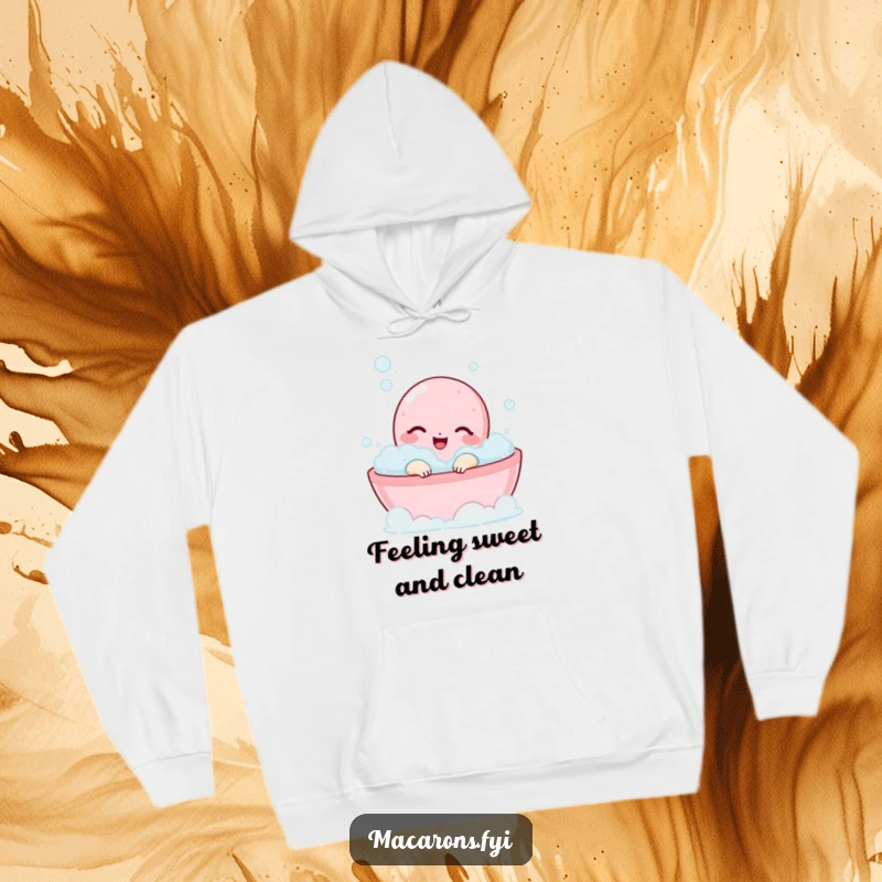 Funny macaron character looking extremely happy and relaxed in a bubbly bath on a cozy hoodie.