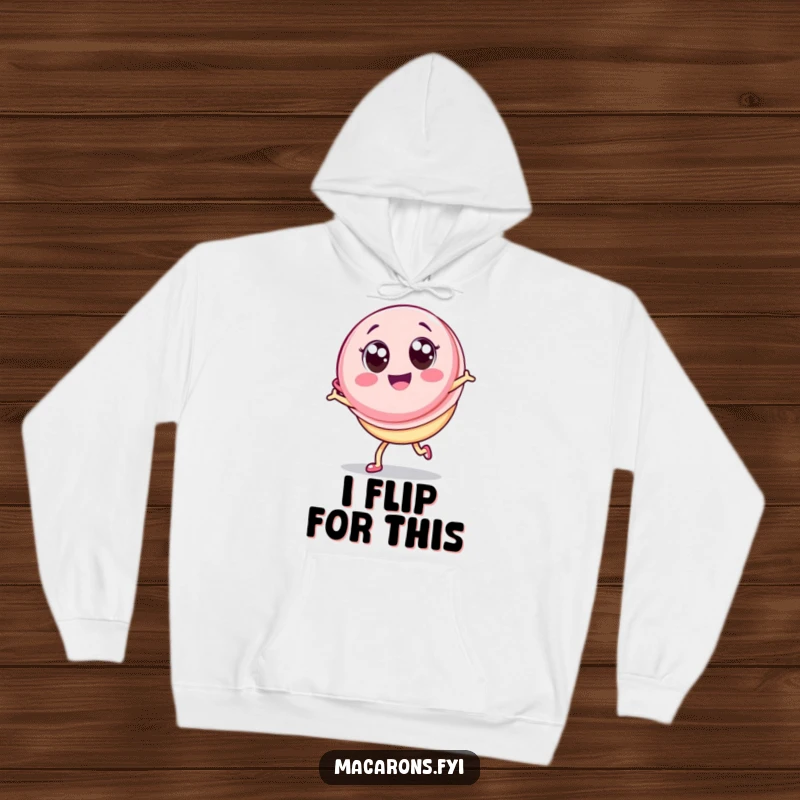 Funny Macaron Hoodie: Adorable Kawaii macaron character with big eyes gleefully doing a cartwheel, radiating pure, unadulterated joy.