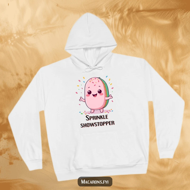 Funny Macaron Hoodie: Cute Kawaii macaron character joyfully juggling a shower of colorful sprinkles, radiating happiness.