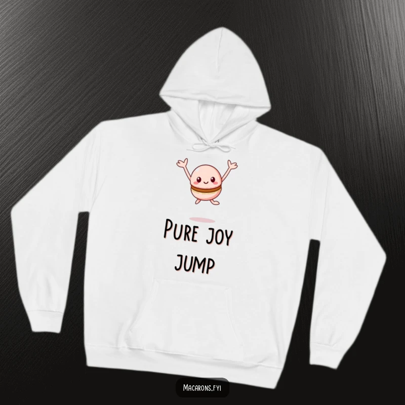 Funny Macaron Hoodie: Happy Kawaii macaron character leaping in the air with arms outstretched, radiating pure bliss.