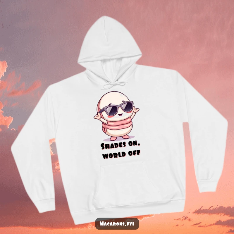 Funny Kawaii macaron character in stylish sunglasses, posing coolly on this comfortable and humorous hoodie.