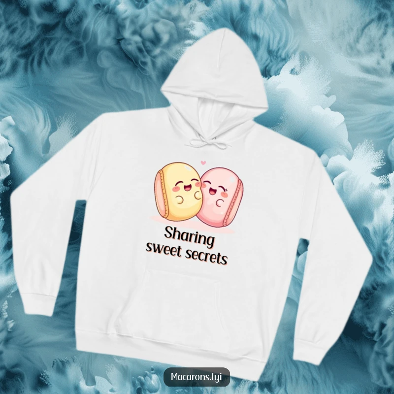 Two funny macaron characters sharing a playful giggle, leaning on each other, featured on a cozy hoodie.