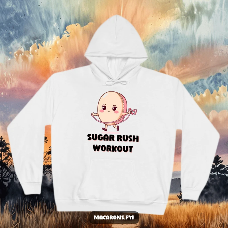 Funny macaron character energetically skipping rope with a licorice lace, illustrated on a warm and comfortable hoodie, perfect for cozy laughs.