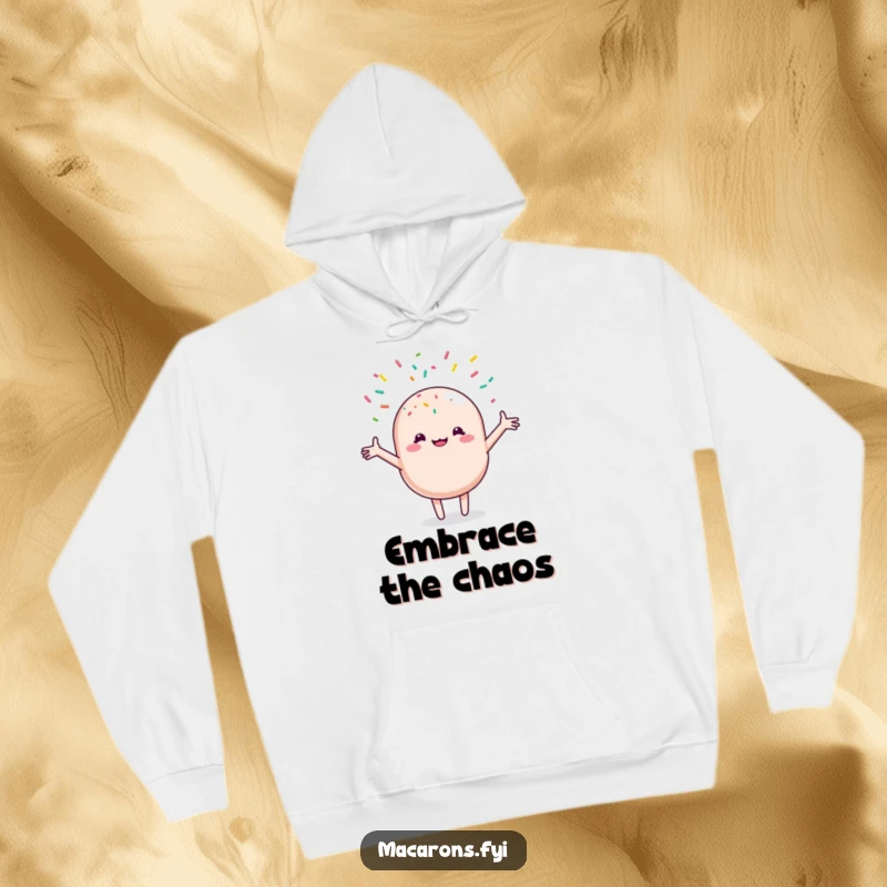 Funny macaron character joyfully accepting a shower of colorful sprinkles, depicted on a warm and comfortable hoodie for ultimate coziness.