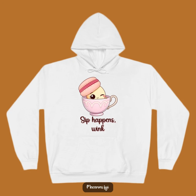 Funny Macaron Teacup Wink Hoodie: Cozy Character Sweatshirt Gift