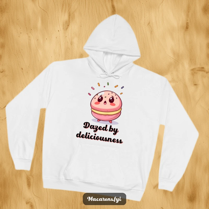 Funny macaron hoodie showing a surprised macaron reacting to falling sprinkles, a cozy and humorous apparel choice.