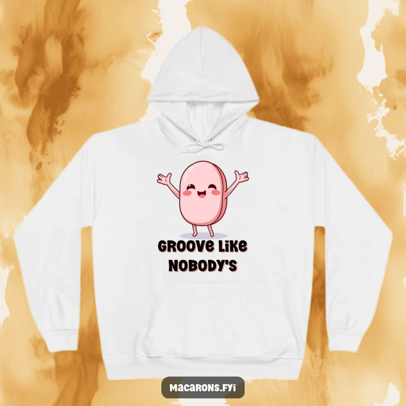 Funny macaron character doing a joyful, wobbly dance with arms outstretched, featured on a warm and cozy hoodie.