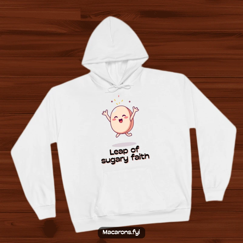 Funny Hoodie: A delightful macaron character is captured mid-air, joyfully leaping and reaching for a falling sprinkle, exuding sweet excitement.