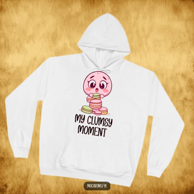 Funny surprised macaron character with wide eyes, dropping a stack of macarons, featured on a soft hoodie.