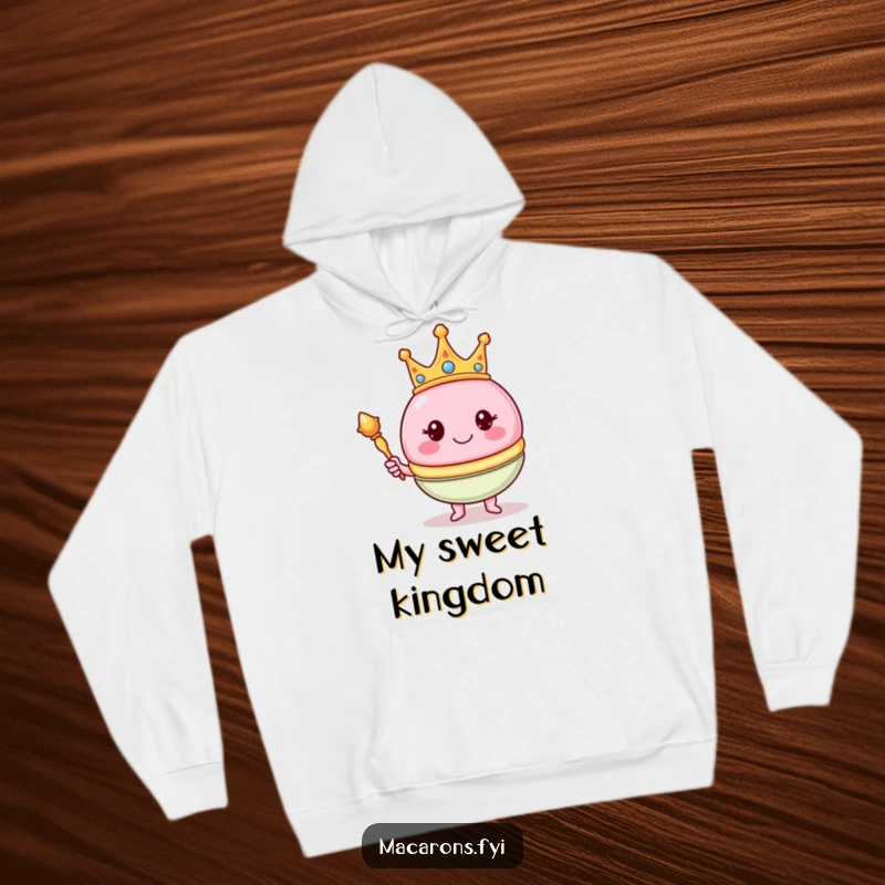 Funny macaron character in a crown and holding a scepter, featured on a soft hoodie, offering cozy royalty.