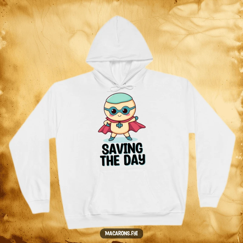 Funny superhero macaron hoodie showing a macaron striking a pose with capes, a warm and heroic apparel option.