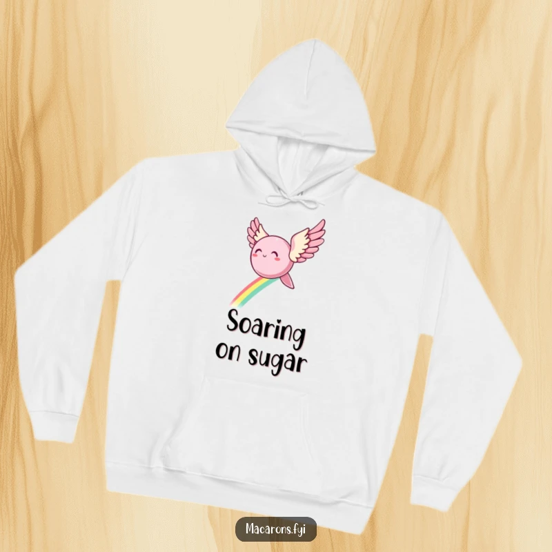 Funny Hoodie: A whimsical macaron equipped with feathery wings gracefully flies, trailing a vibrant rainbow across the fabric.