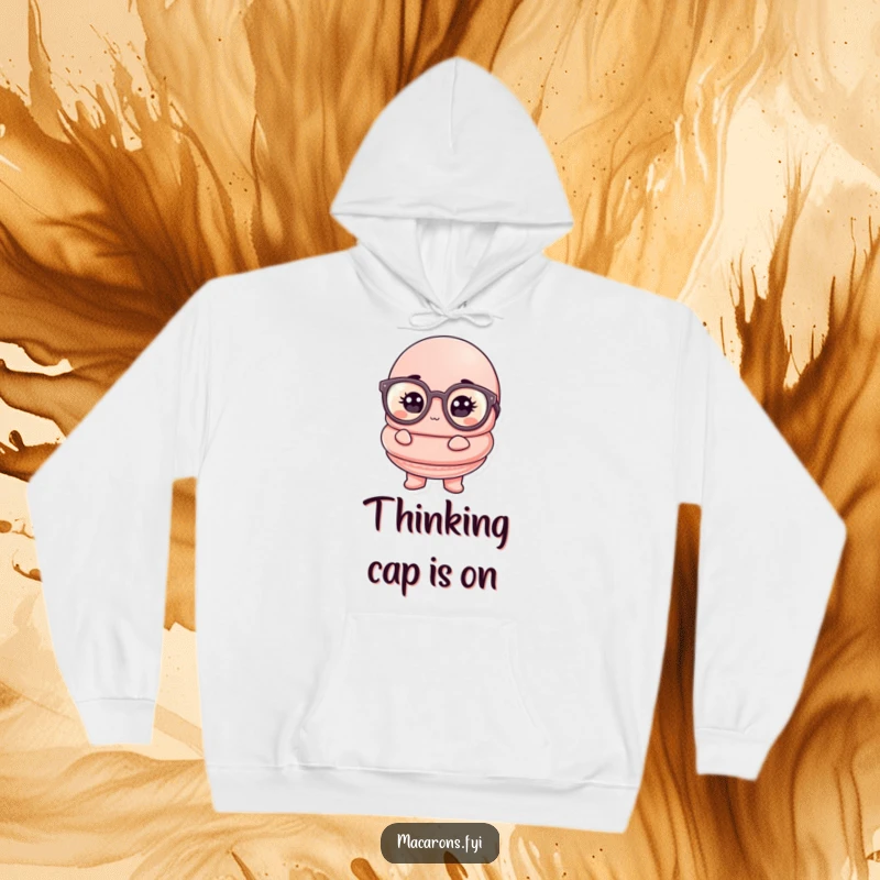 Funny macaron hoodie featuring a macaron character in oversized glasses, looking studious and funny.