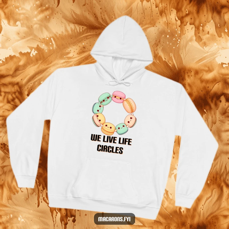 Funny Macaron Circle Hoodie, cozy sweatshirt with cute macarons spinning in a happy circle, perfect for warmth and smiles.
