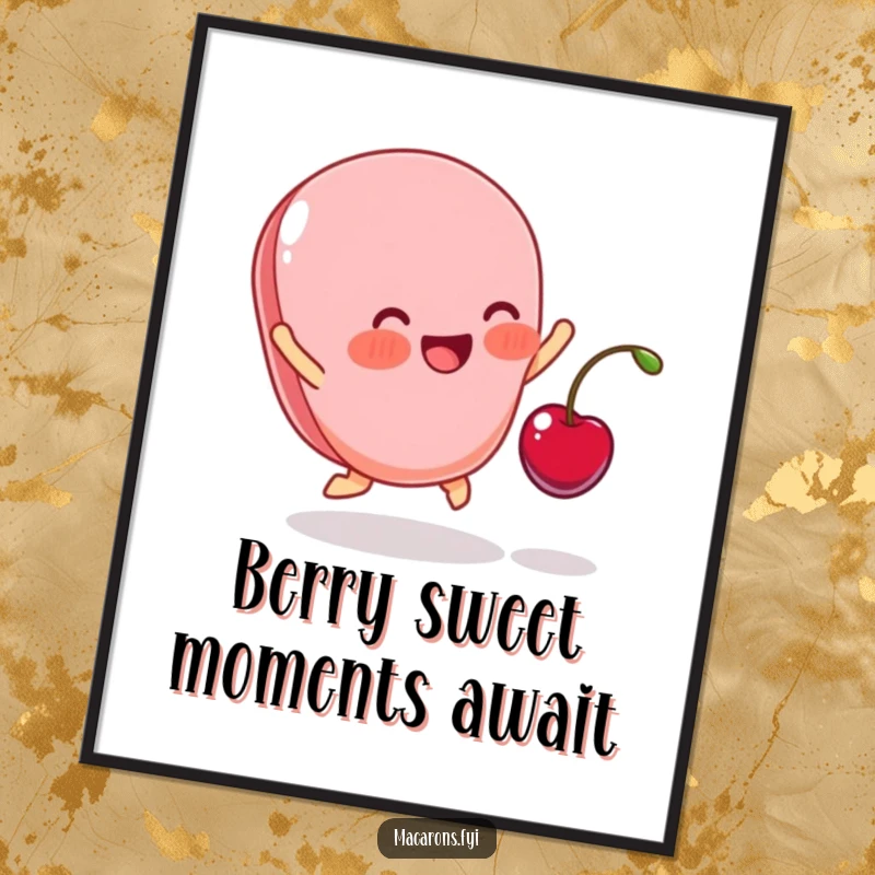 Funny Free Printable Wall Art depicting a blushing macaron excitedly leaping as a cherry lands, a sweet piece of downloadable art.