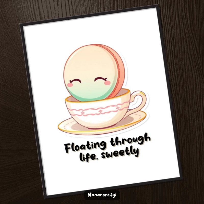 Funny Free Printable Macaron Wall Art: A single macaron with eyes closed floats serenely on the surface of a teacup.