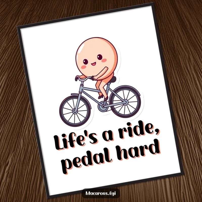 Funny free printable wall art: a determined macaron character happily cycling on a miniature bicycle, full of cheerful energy.