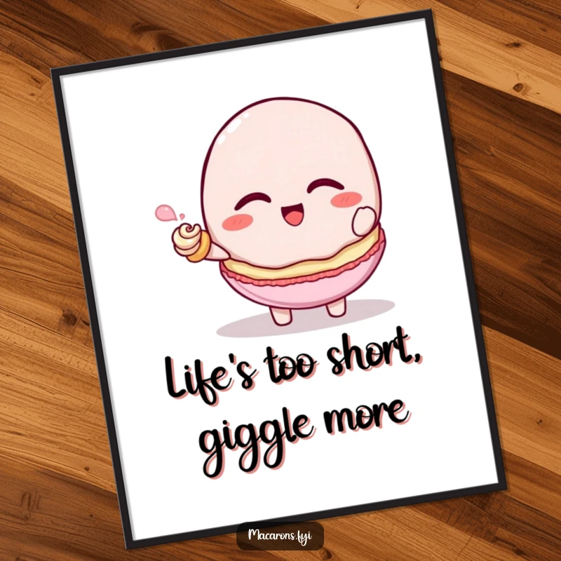 Funny Free Printable Wall Art: A macaron character caught in a fit of giggles, being tickled by a small, playful frosting swirl.