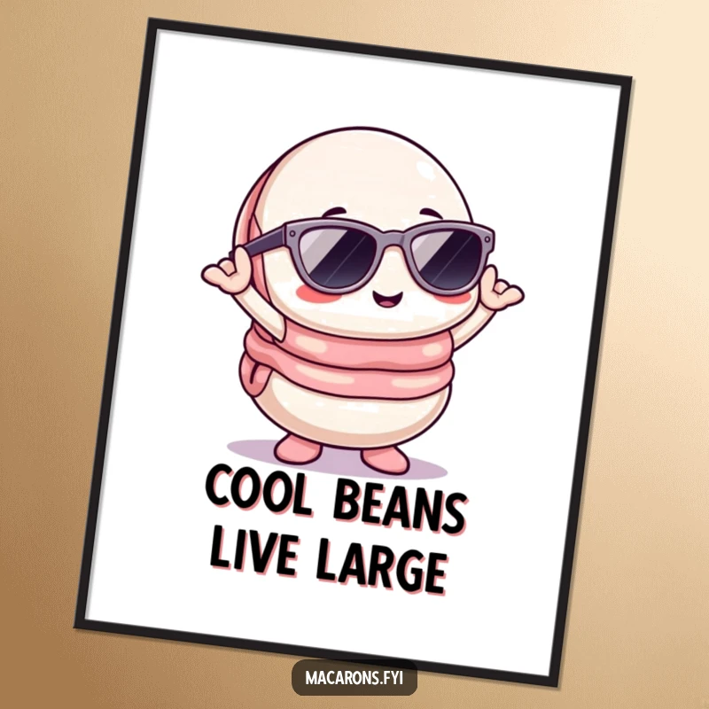 Funny Free Printable Kawaii Macaron Wall Art: A kawaii macaron character poses confidently in sunglasses, cool downloadable art for any room.
