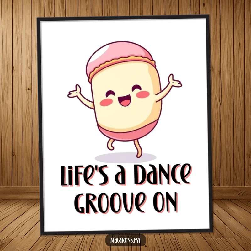 Funny Free Printable Kawaii Macaron Wall Art: A kawaii macaron character performs a silly, exaggerated dance, energetic downloadable art for decor.