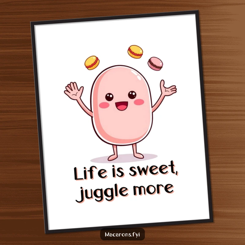 Funny Free Printable Wall Art: A cheerful macaron character waves and juggles smaller macarons, creating a whimsical and vibrant focal point.