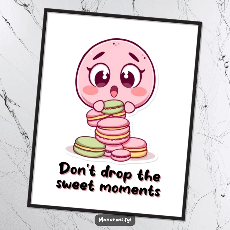 Funny Free Printable Wall Art: A macaron character with comically wide eyes drops a stack of macarons, showcasing a moment of hilarious surprise.