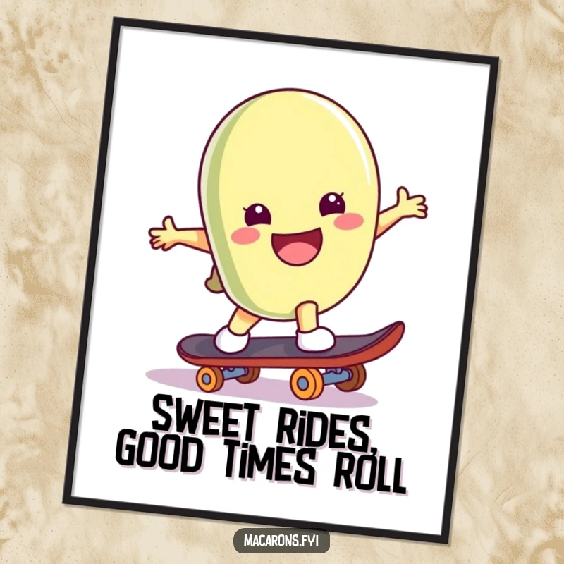 Funny Free Printable Wall Art: A smiling macaron character performs an impressive skateboard trick, bringing a sense of playful adventure to your decor.