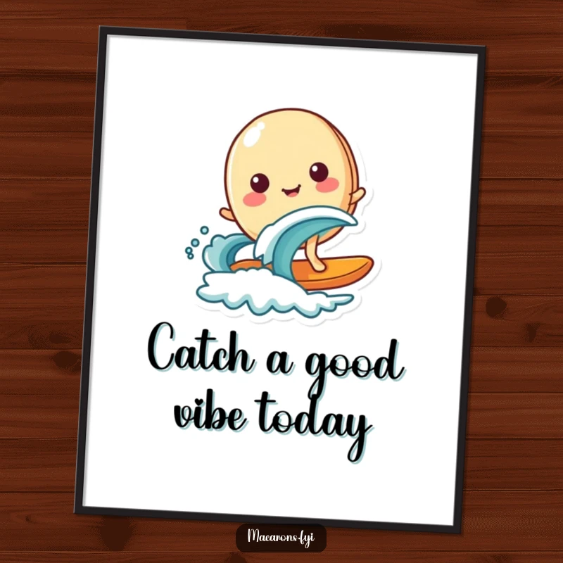 Funny Free Printable Wall Art of a happy macaron character expertly surfing a tiny wave, bringing a fun, beachy atmosphere.