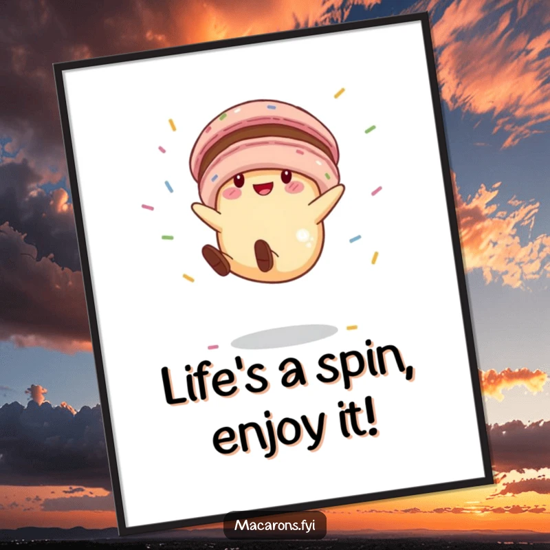 Funny Free Printable Wall Art: A petite macaron character doing an energetic cartwheel surrounded by flying sprinkles.