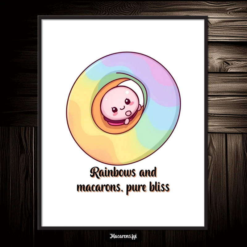 Funny Free Printable Wall Art: Whimsical macaron character playfully sliding down a vibrant rainbow swirl.
