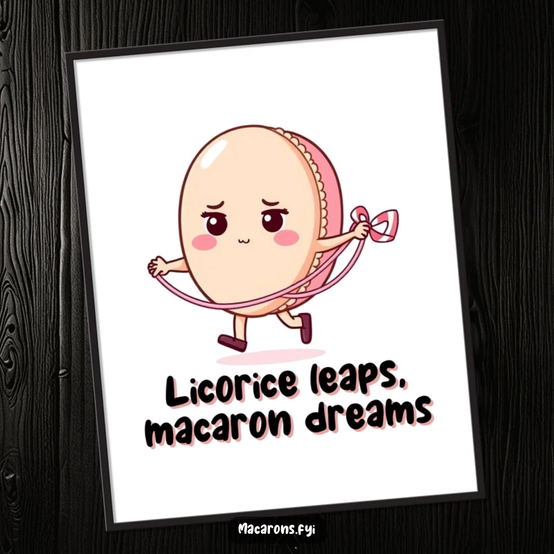 Funny Free Printable Wall Art: Macaron character with fierce focus skips rope with licorice, quirky decor.