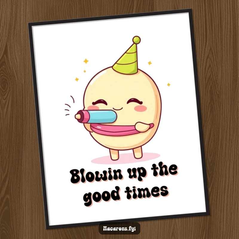 Funny Free Printable Wall Art of a macaron character enthusiastically blowing a party blower, radiating pure glee.