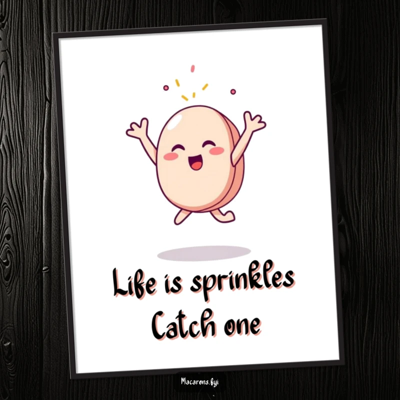 Funny Free Printable Wall Art: A whimsical macaron character joyfully leaping, reaching out to catch falling sweet sprinkles.