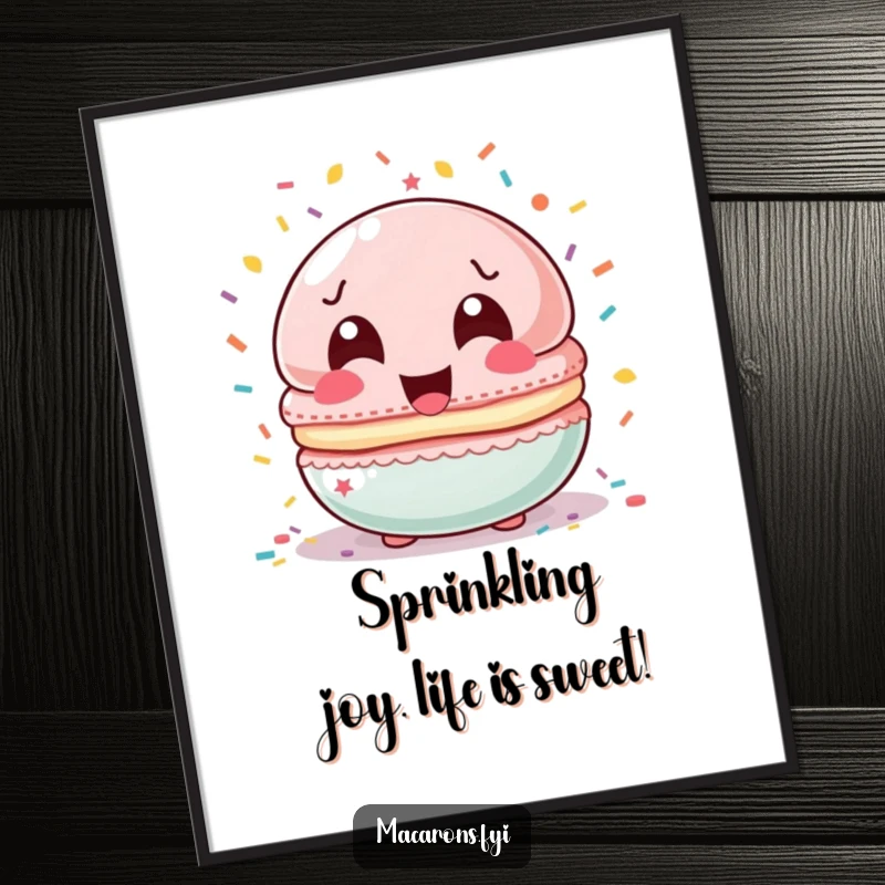 Funny Free Printable Wall Art: Macaron character laughing hysterically, showered by vibrant confetti, a festive decoration.