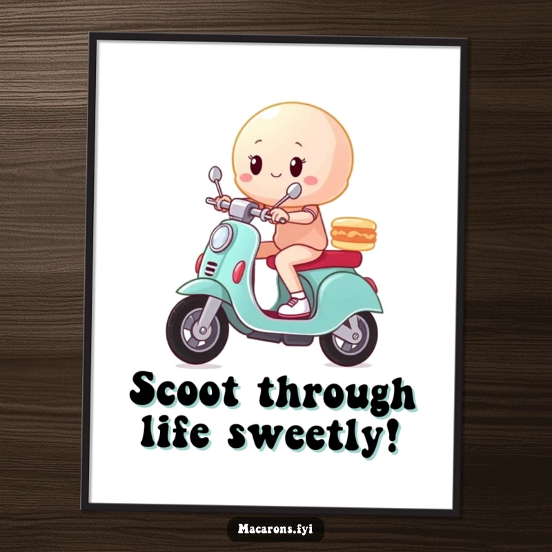 Funny Free Printable Wall Art: Macaron character zooming triumphantly on a miniature scooter, a dynamic decoration.