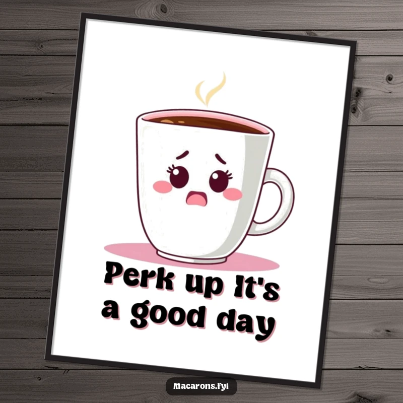 Funny Free Printable Wall Art: A comical macaron character with wide eyes peeking over the rim of an enormous coffee cup.