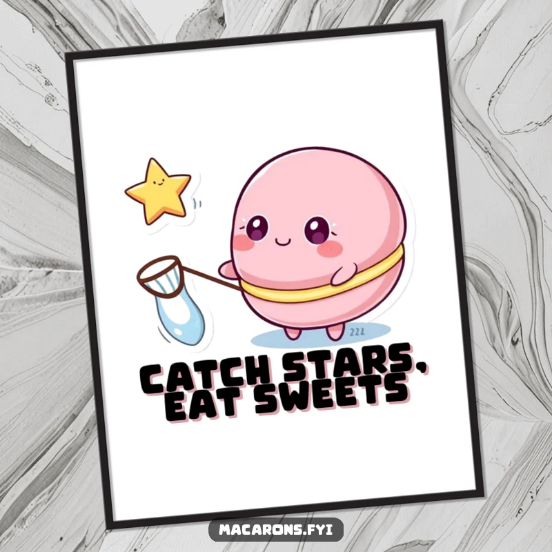 Funny free printable wall art of a macaron character with sparkling eyes, catching a floating star with a small net.