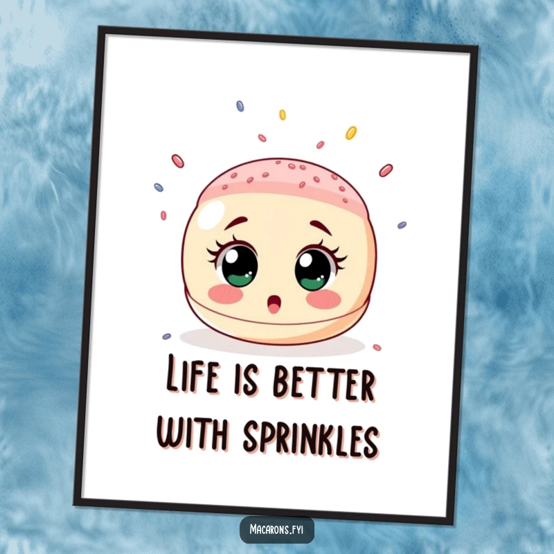 Funny Free Printable Wall Art depicting a wide-eyed surprised macaron caught in a delightful shower of tiny sprinkles, downloadable art.
