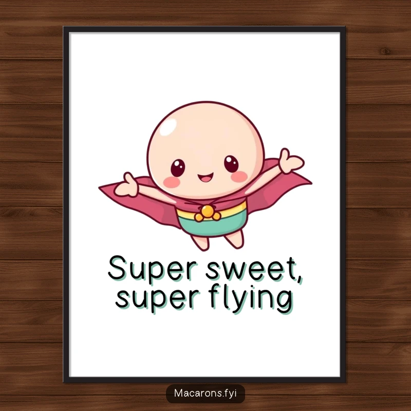 Funny Free Printable Wall Art featuring a macaron in a tiny cape flying with triumphant energy, a sweet hero.