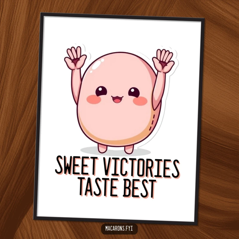 Funny Free Printable Wall Art: A macaron character exuding pure joy, cheering wildly with tiny hands lifted high.