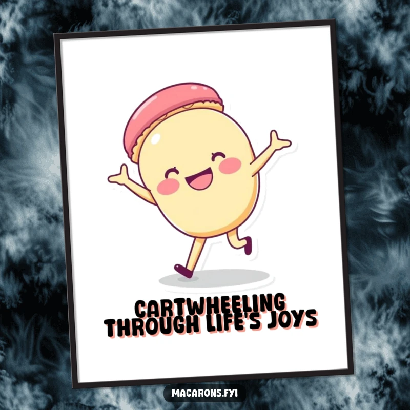 Funny Free Printable Wall Art: A macaron character in mid-cartwheel with a wide, happy grin, full of energetic joy.