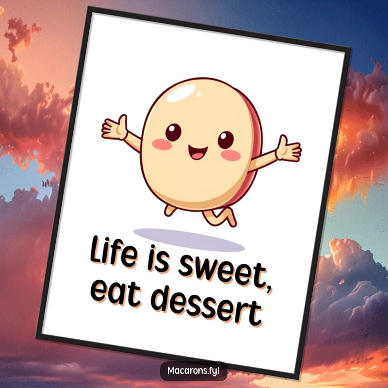 Funny Free Printable Wall Art: A cheerful macaron character joyfully running forward with arms outstretched, full of energy.